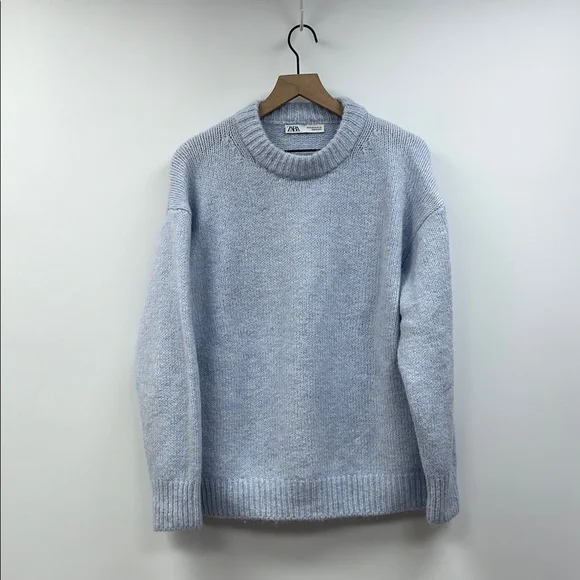 Zara Chunky Knit Crewneck Pullover Oversized Sweater Minimalist Pale Blue Medium - Picture 2 of 8